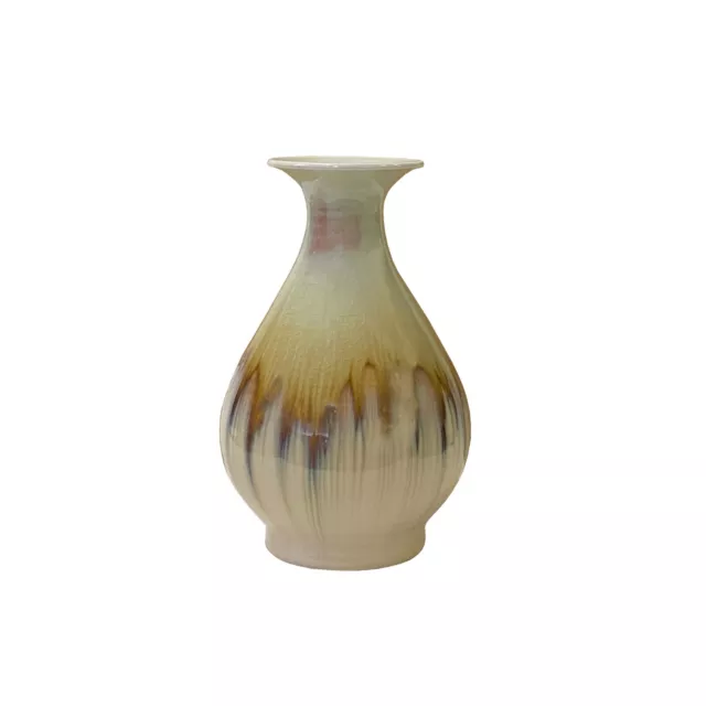 Light Brown Tan White Strips Ceramic Round Small Vase Jar ws3282