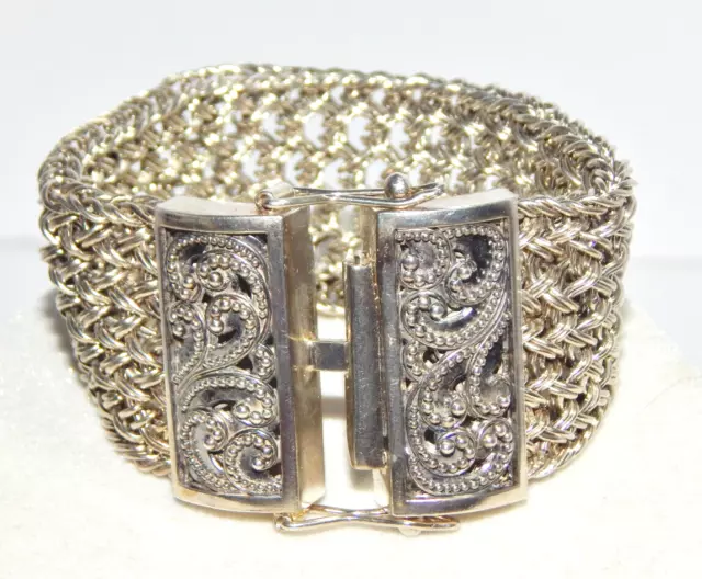 Vintage Lois Hill 925 Silver Mesh With Scroll Slide Closure Bracelet 92 Grams