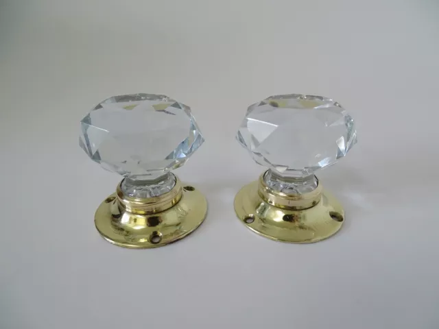 Vintage Oval Cut Glass Door Knobs Handles Crystal Gold Brass Plates Old Stock