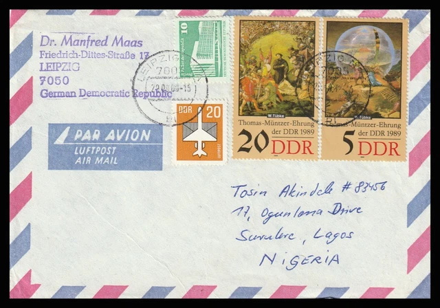 13102 - Germany Ddr Gdr 1989 Cover Leipzig To Lagos Nigeria