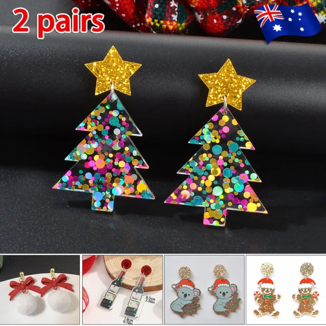 2 Pairs Sparkling Sequin Star Christmas Tree Dangle Earrings Festival Jewellery