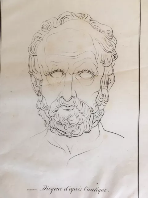 Dibujo Grande Estilo antigua tinta 1850 griego retrato diogenes hombre filósofo
