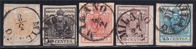 Lombardei Venetien 1850 Nr. 1-5 einheitlich gestempelt MILANO