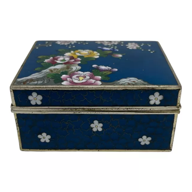 Antique Japanese Cloisonne Box Trinket Cigarette Blue Floral Enamel