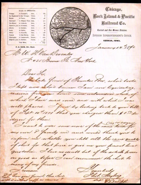 1870 Keokuk Iowa - Chicago Rock Island & Pacific Railroad Co - Letter Head Bill