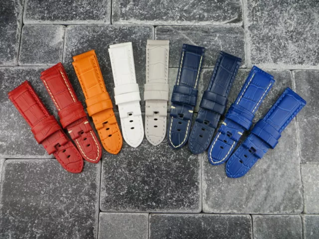 24mm Deployment Strap Grain Leather Watch Band for fits PANERAI Blue Orange Red