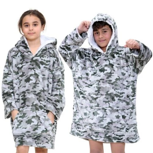 Bambine Ragazzi Oversize Felpa con Cappuccio Camo Carbone Snuggle Coperta Super