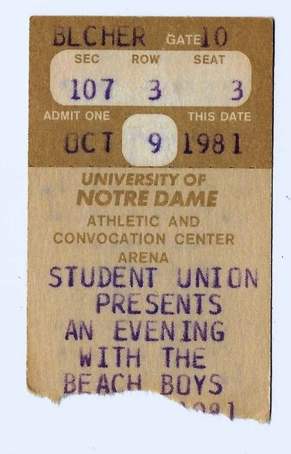 The Beach Boys & Red Ryder 10/9/81 Notre Dame IN ACC Rare Ticket Stub