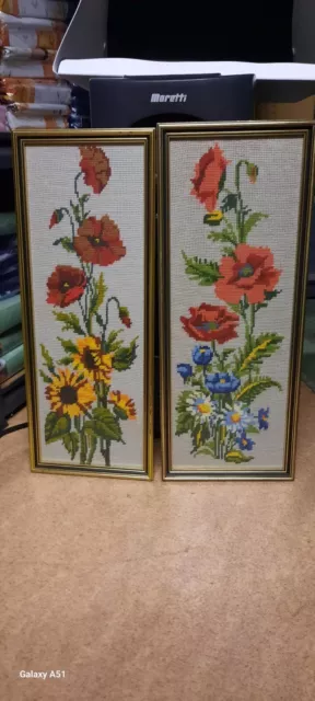 Vintage Needlepoint Tapestry Floral 'Poppies' Completed Framed X 2