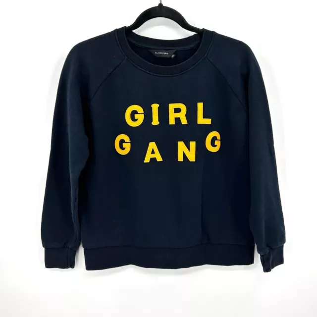 ELEVEN PARIS Navy Blue Yellow Stitched Girl Gang Crew Neck Pullover Sweater XS