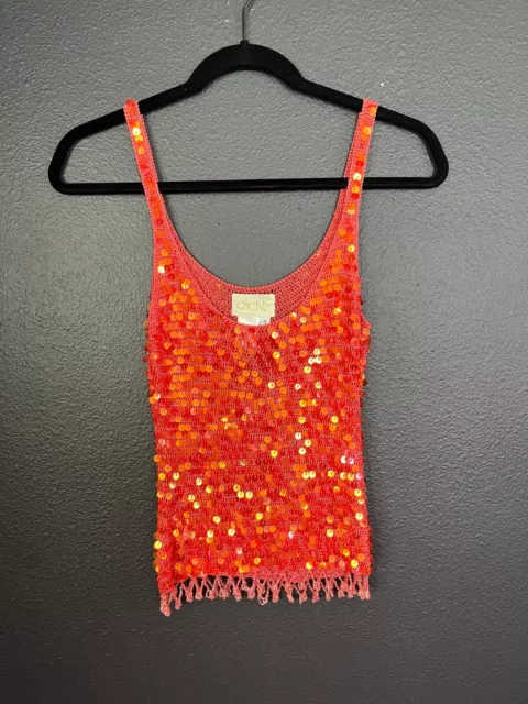 Cache Women’s Sequin Beaded Tank Top Small Y2K Orange/Red Iridescent Crochet