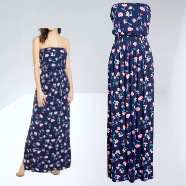 BP NORDSTROM Floral Maxi Dress Navy Blue Strapless Side Slit Wedding Medium