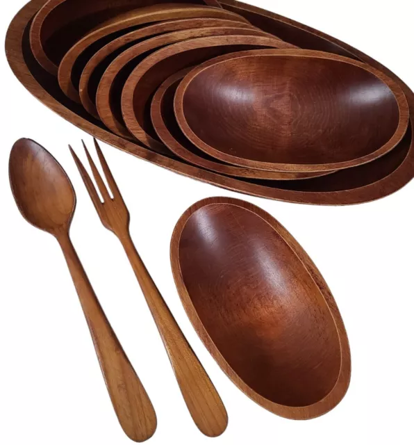 Vintage 11pc Set Teak Baribocraft Oblong Oval Salad Bowl Set Wooden Boho MCM