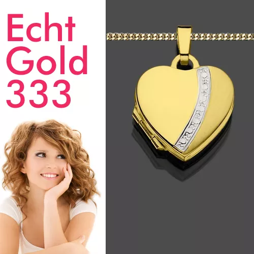 Medaillon Foto Amulett Herz Echt Gold 333 8 Kt Damen Anhänger & vergoldete Kette