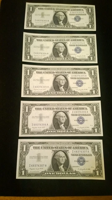 1957 A $1.00 Silver Certificates - 5 CONSECUTIVE Uncirculated Notes