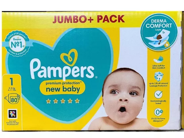 Pampers New Baby Size 1 Nappies, BIG- 80 Pack - Quick Dry Core & Soft Comfort