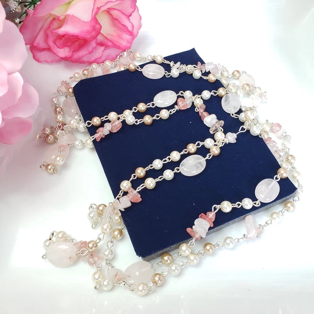 CHAPS Rose Quartz & Faux Pearl Beaded 2 Strand Gold Tone Chain Necklace
