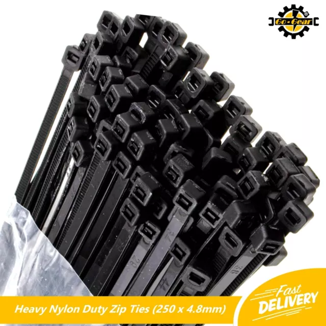 CABLE ZIP TIES Heavy Duty Nylon Plastic 250mm x 4.8mm Wraps Black