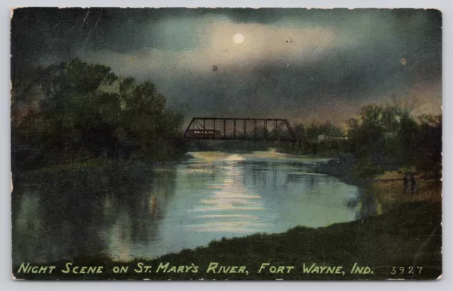 Fort Wayne IN Indiana Night Scene St. Mary's River Bridge Antique Postcard 1912