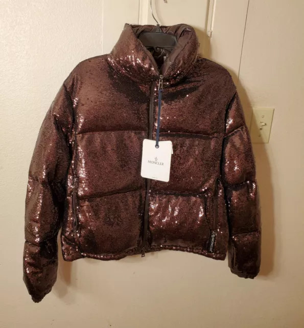 New! Moncler 'Rimac' Sequin Quilted Down Puffer Jacket Brown Womens 1 MSRP $1825