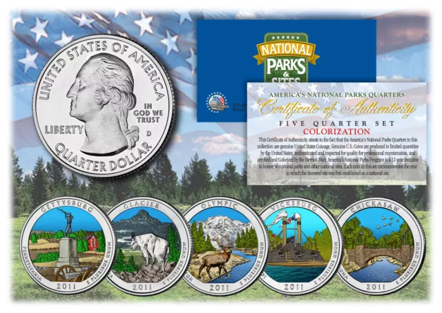 2011 America The Beautiful COLORIZED Quarters U.S. Parks 5-Coin Set w/Capsules