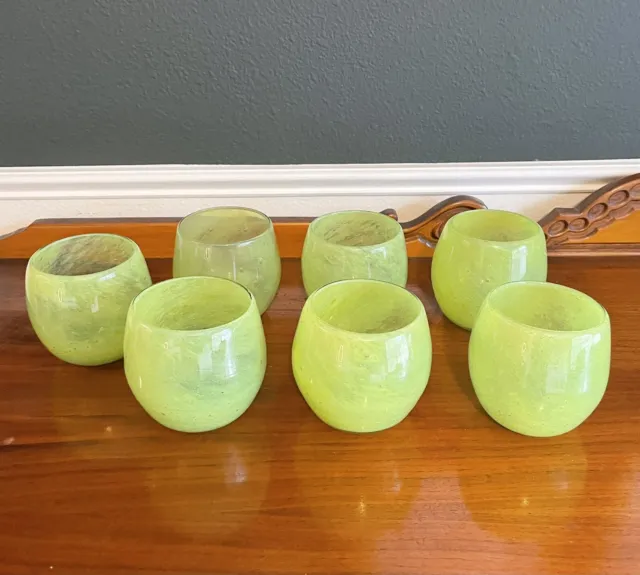 hand blown glass set of 7 lime green barware set Mexican bubble glass
