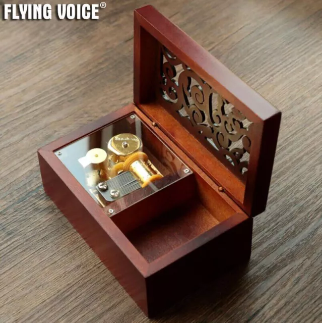 Vintage Wood Square Music Box Hollowing Out Xmas Birthday Party Present Gift Kid