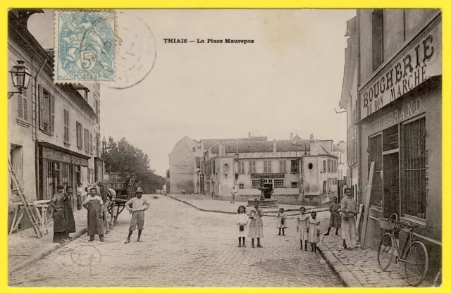 cpa 94 - THIAIS La Rue MAUREPAS Boucherie BERTRAND CAFÉ Tombereau Dos 1900 Rare