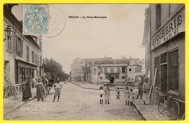 cpa 94 - THIAIS La Rue MAUREPAS Butcherie BERTRAND CAFÉ Tombereau Back 1900 Rare