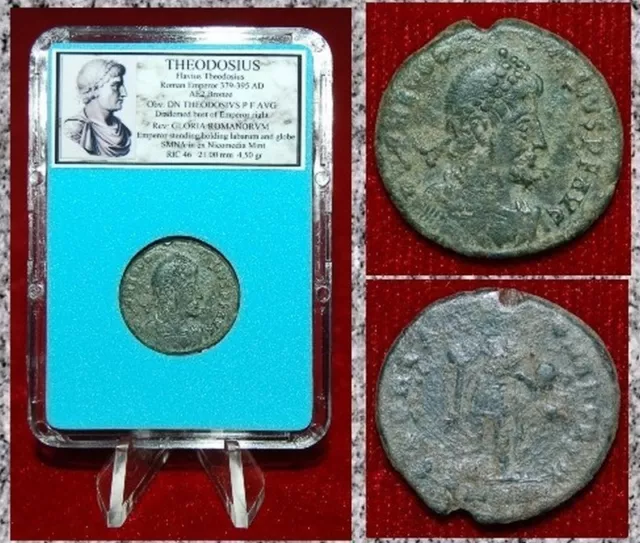 Ancient Roman Empire Coin Of THEODOSIUS Emperor Holding Globe And Labarum