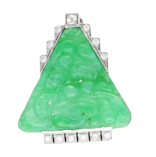 18Carat White Gold Jade & Diamond Pendant / Brooch / Lapel Clip 32x36mm