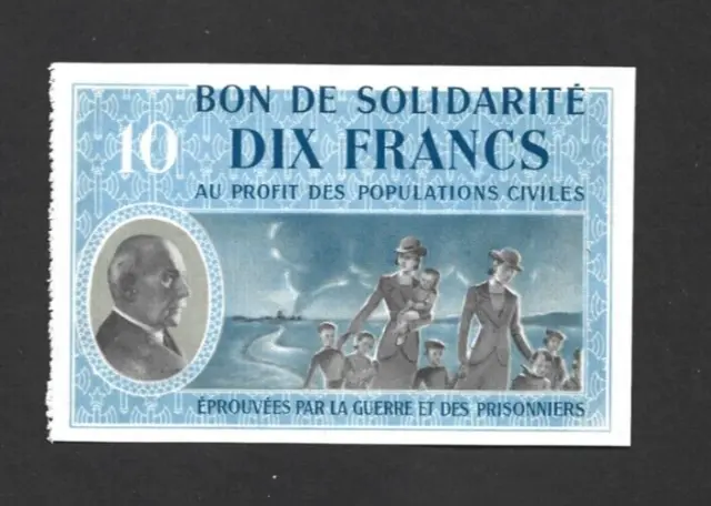 10 Francs Unc  Bon De Solidarite Note From France  1940'S