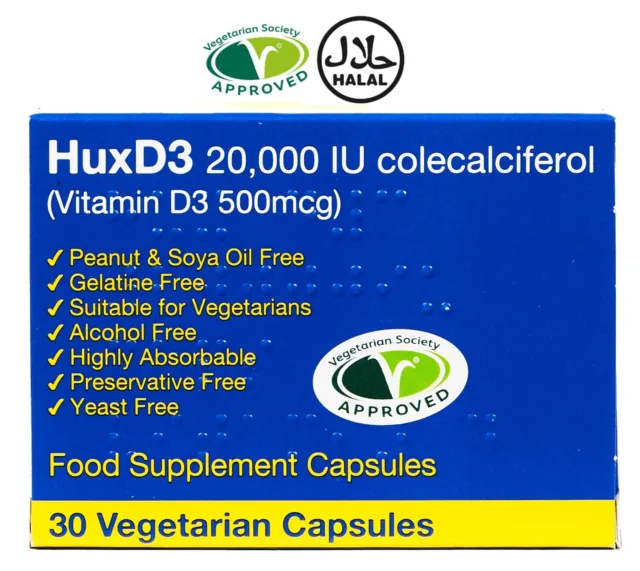 HuxD3 Colecalciferol 20000iu Vitamin D3 Kapseln *vegetarisch koscher halal 30