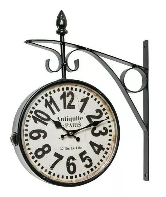 Reloj Estación Doble Cara de Pared Vintage de Hierro 2 Cuadrante Redondo
