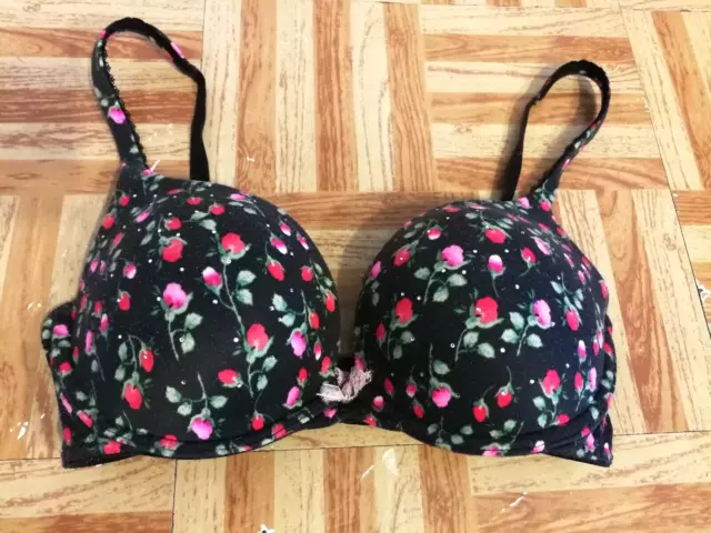 Victorias Secret Bra 34D Floral Black Pink Body by Padded Push Up Rhinestone