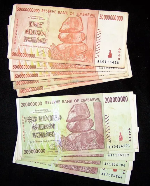 10 Zimbabwe banknotes-5 x 200 Million/5 x 50 Billion Dollars-money currency