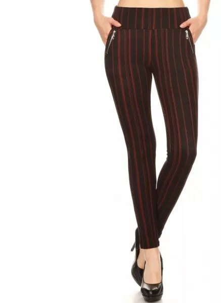 Tregging Skinny Pants with Decorative Zipper & Side Pockets Solid Stripe Black
