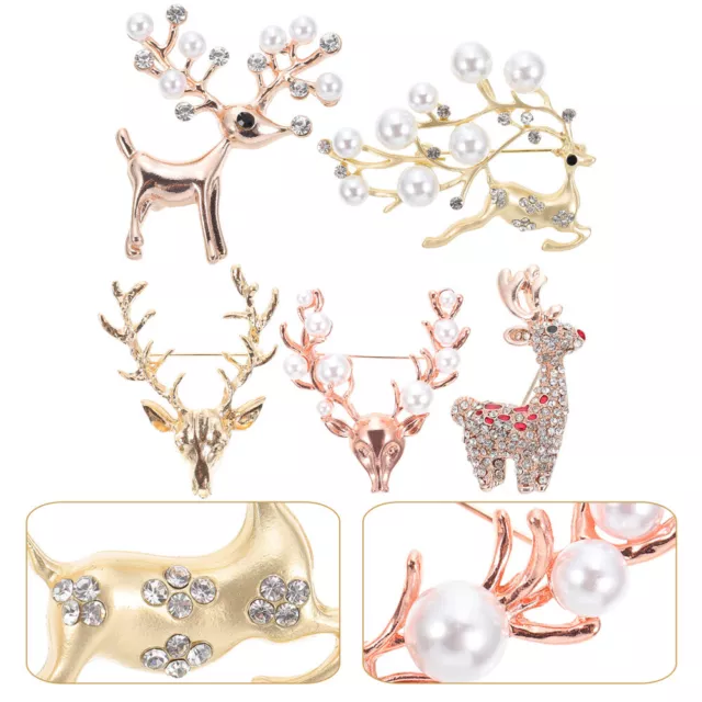 5 Pcs Alloy Elk Brooch Woman Breastpins Christmas Rhinestones