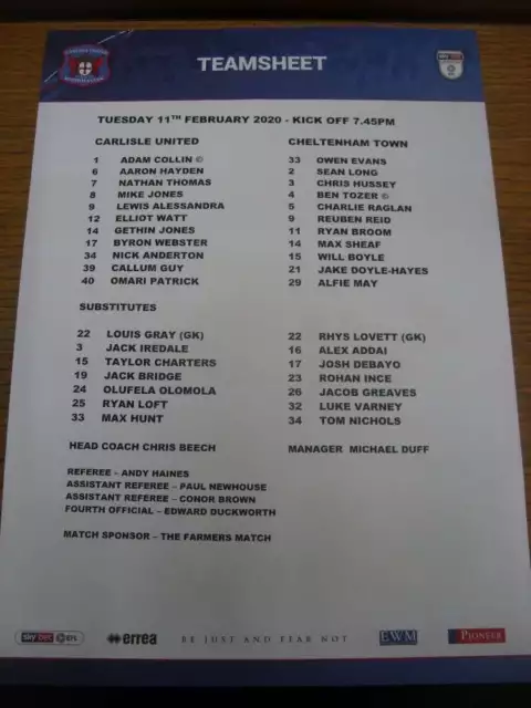 11/02/2020 Colour Teamsheet: Carlisle United v Cheltenham Town