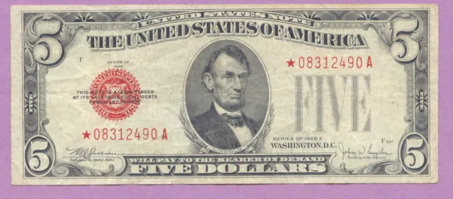 1928-E $5 Five Dollars, STAR Note, US Note, Legal Tender, VF-XF, True Auction