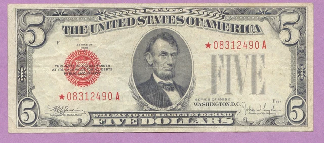1928-E $5 Five Dollars, STAR Note, US Note, Legal Tender, VF-XF, True Auction