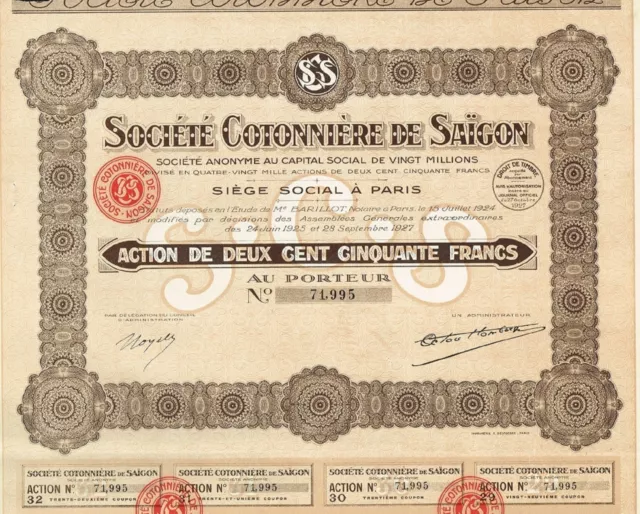 INDOCHINA COTTON COMPANY OF SAIGON stock certificate 1927