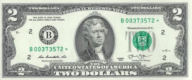 ✯One 2013 $2 DOLLAR BILL Star Replacement Notes, B*(New York), Scarce, UNC 2