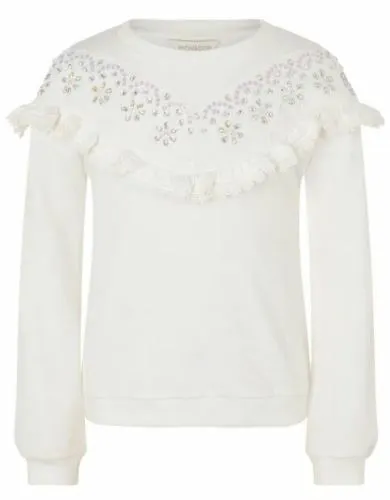 New Monsoon Girls Lace and Gem Sweatshirt Top Ivory Age 12-13 Years 152-158cm