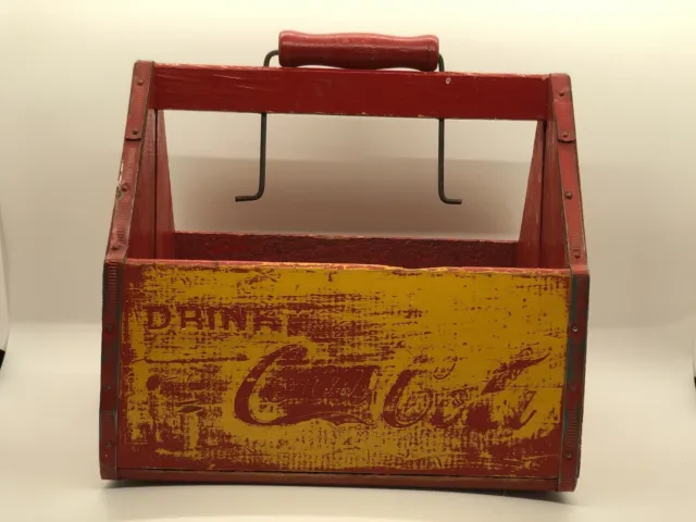 Vintage Red Yellow Coca Cola 6 Pack Wood Carrier Crate War Wings Handle 1940s WW