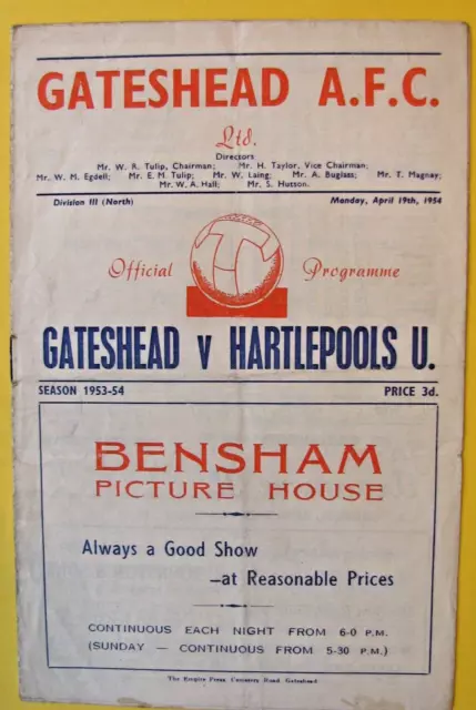 GATESHEAD v HARTLEPOOLS UNITED 1953-54 DIVISION 3 NORTH PROGRAMME
