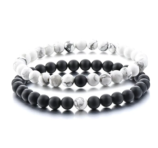 Distance Bracelets for Lovers 2 Pcs Black Matte Agate & White Howlite 6mm Beads