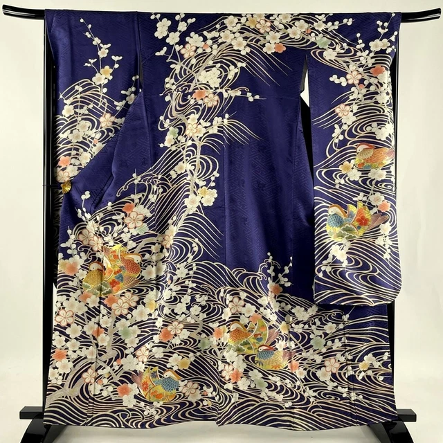 Japanese kimono SILK"FURISODE" long sleeves, Gold leaf,Birds, Plum, L5' 3"..3021