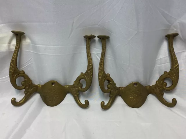 Vintage Pair Brass Hall Tree Coat Hat Sweater Umbrella Rack Double Hooks