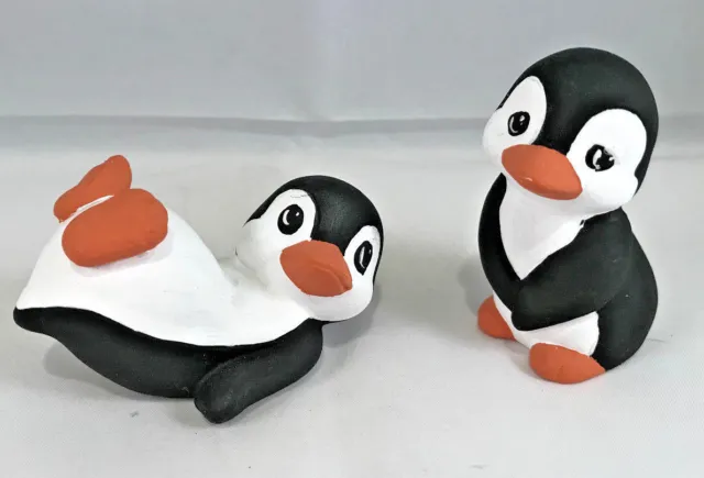 Baby Penguins Figure Hand Painted Clay Pottery Set of 2